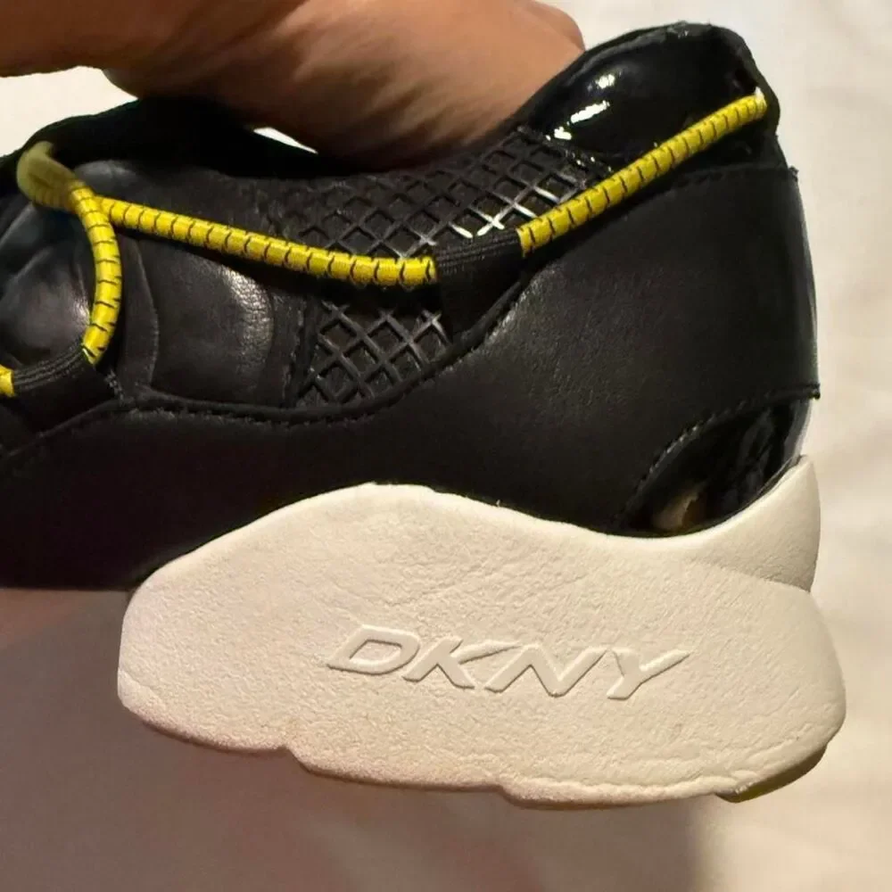 DKNY Black Leather Bungee Lace Sneakers Chunky Sole Women's 10